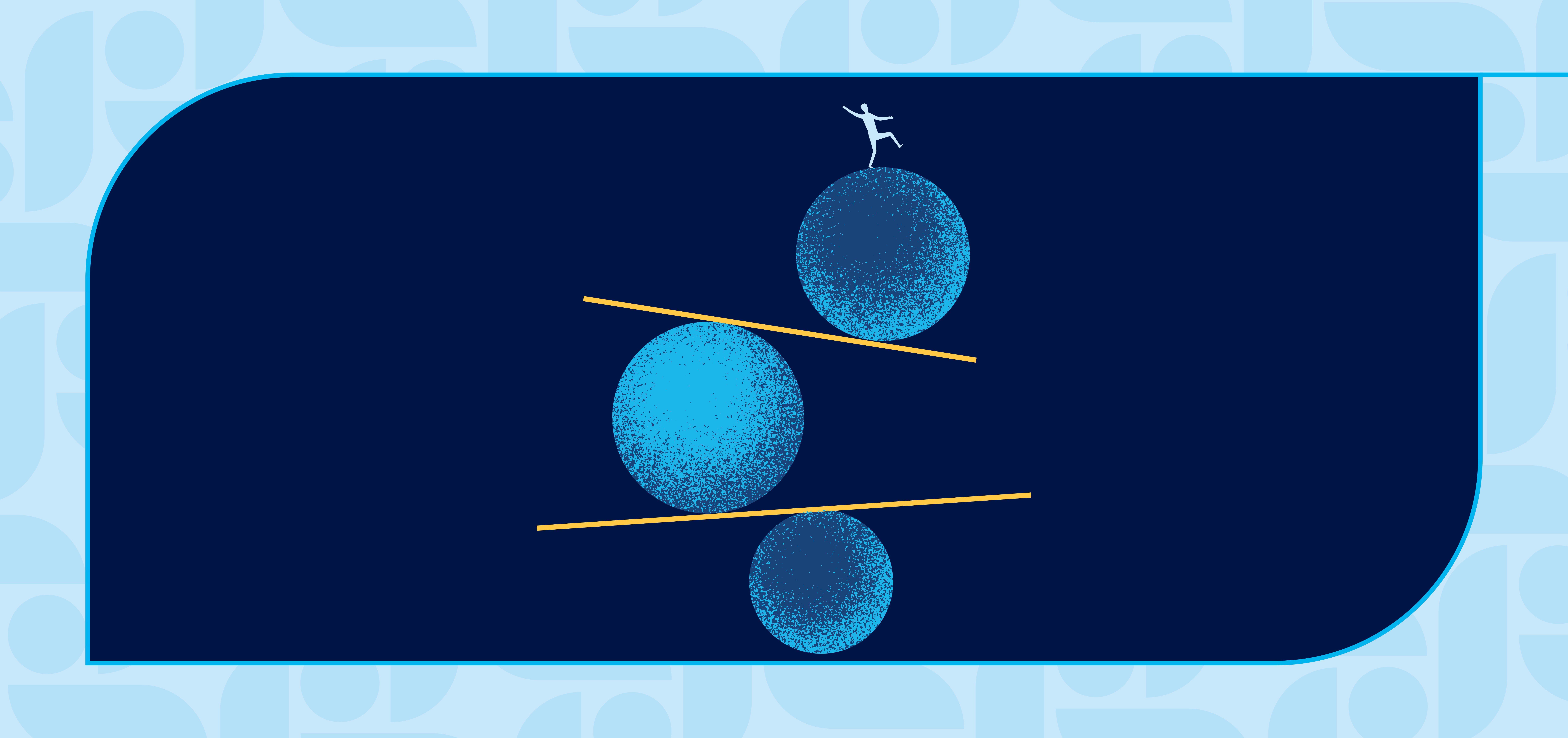 Person balancing on top of three blue textured spheres connected by two yellow diagonal bars inside a dark blue rounded panel.