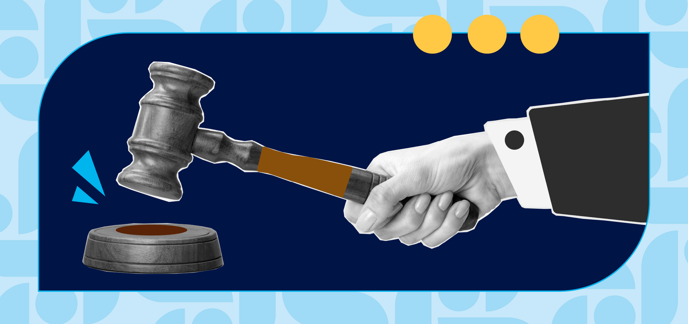 Two hands shake in a suit against a dark blue panel, with a gavel and base nearby, symbolizing a legal agreement.